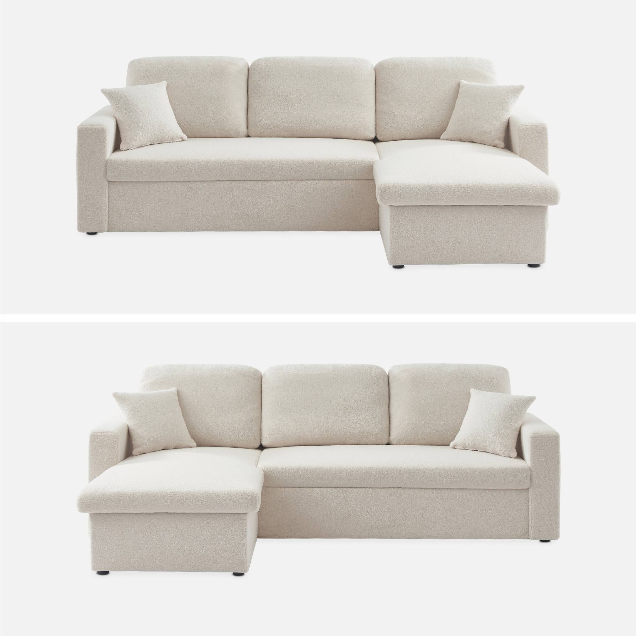 Divano letto angolare e reversibile, 3 posti in tessuto bouclé, crema