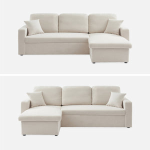 Divano letto angolare e reversibile, 3 posti in tessuto bouclé, crema