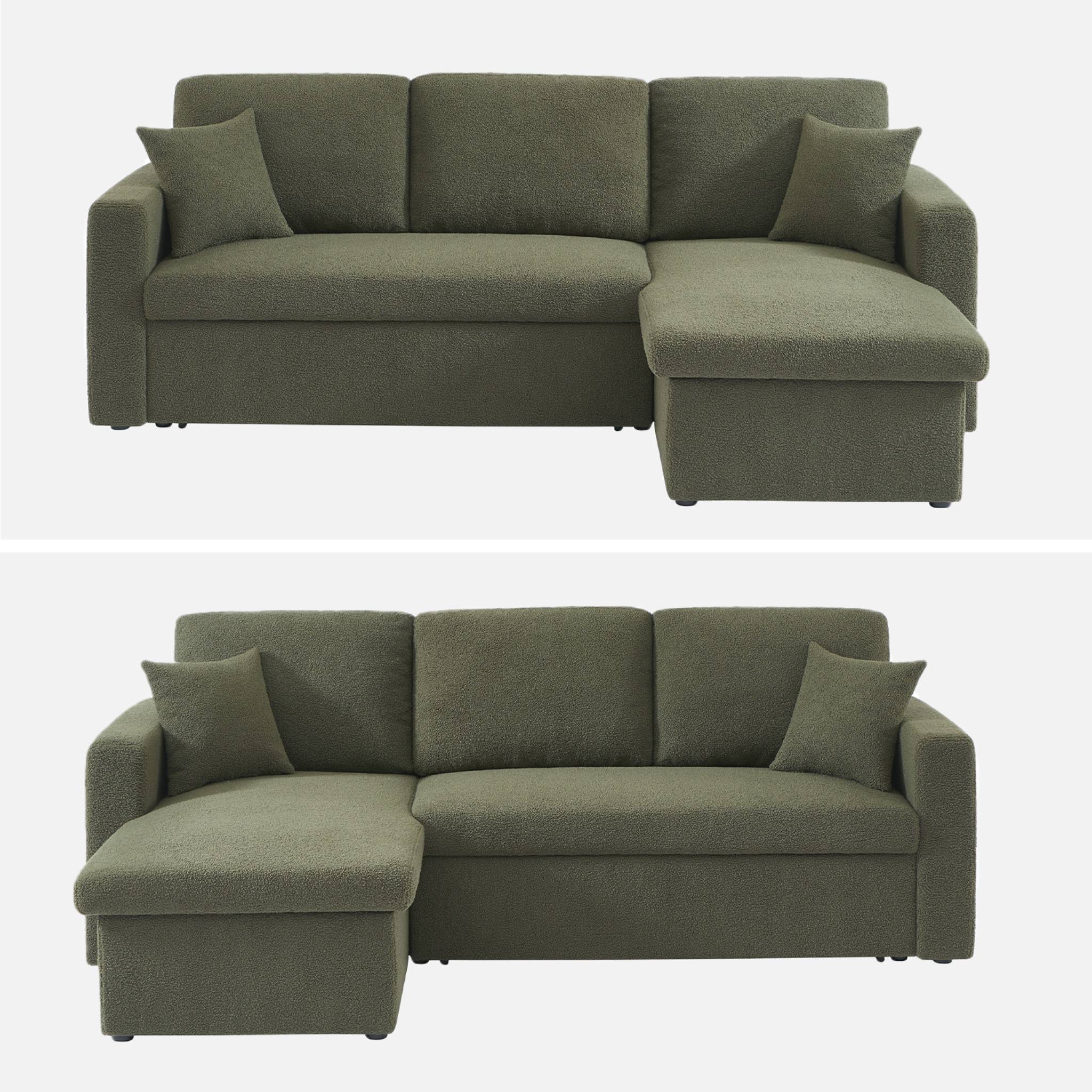 Divano letto angolare e reversibile, 3 posti in tessuto bouclé, verde