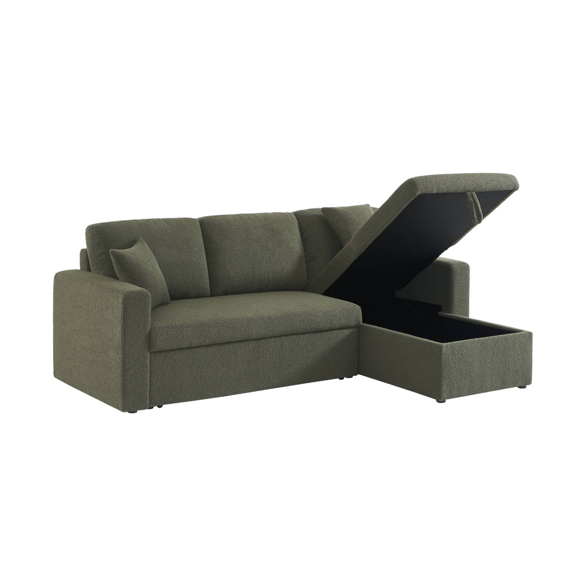 Divano letto angolare e reversibile, 3 posti in tessuto bouclé, verde