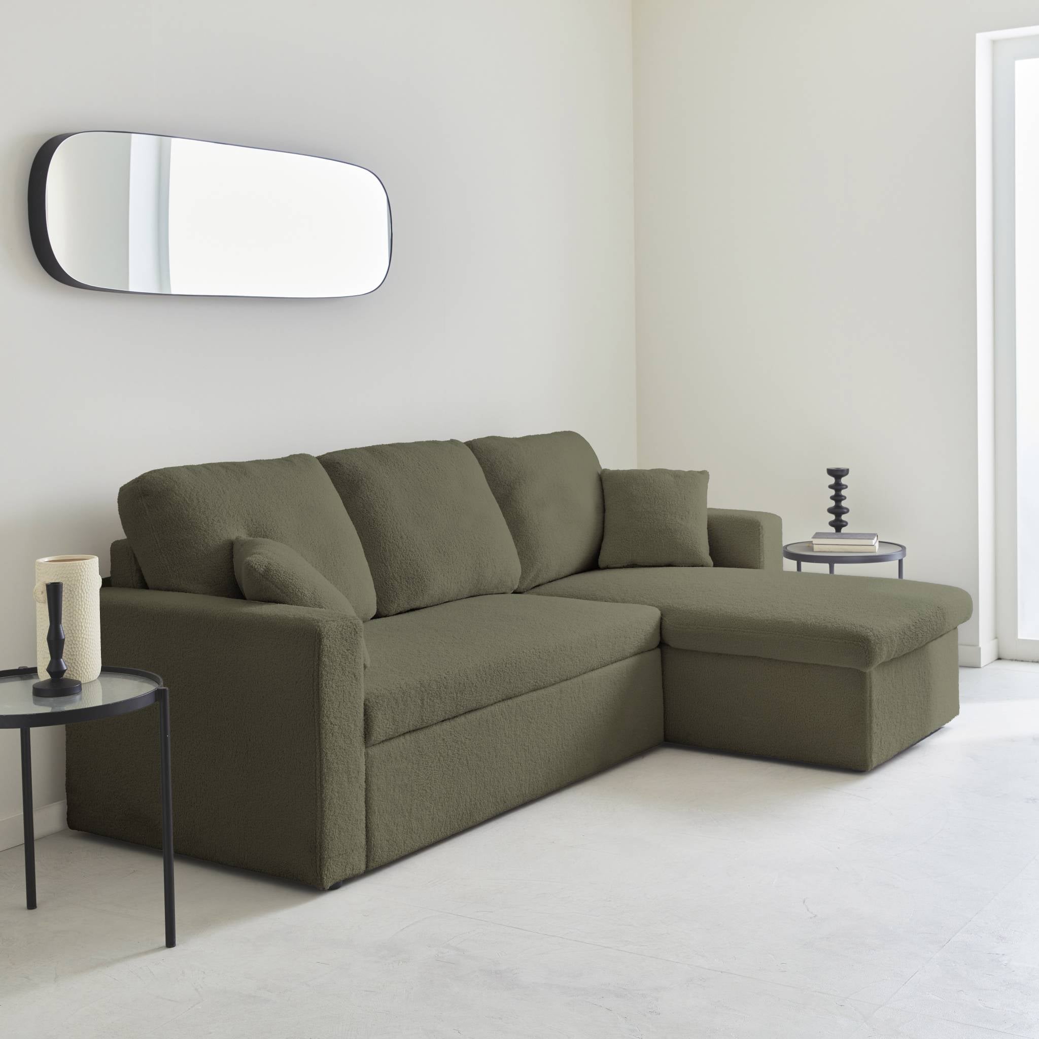 Divano letto angolare e reversibile, 3 posti in tessuto bouclé, verde