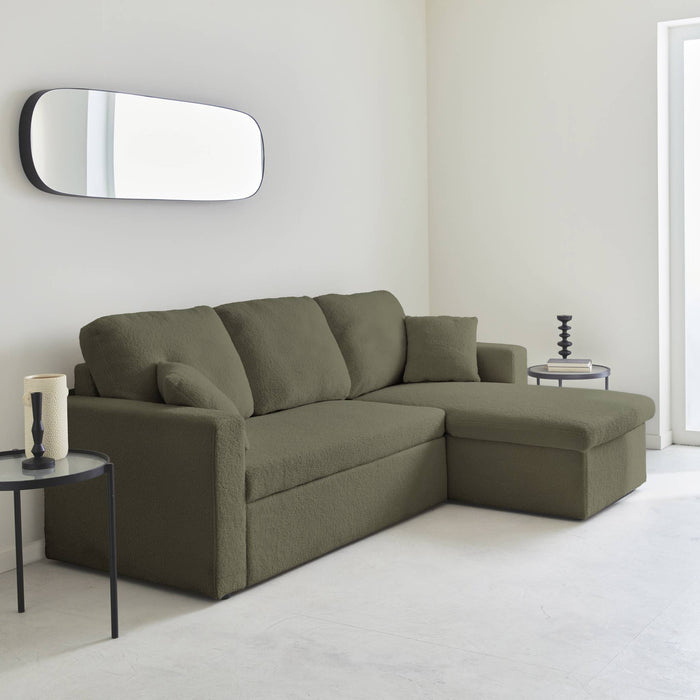 Divano letto angolare e reversibile, 3 posti in tessuto bouclé, verde