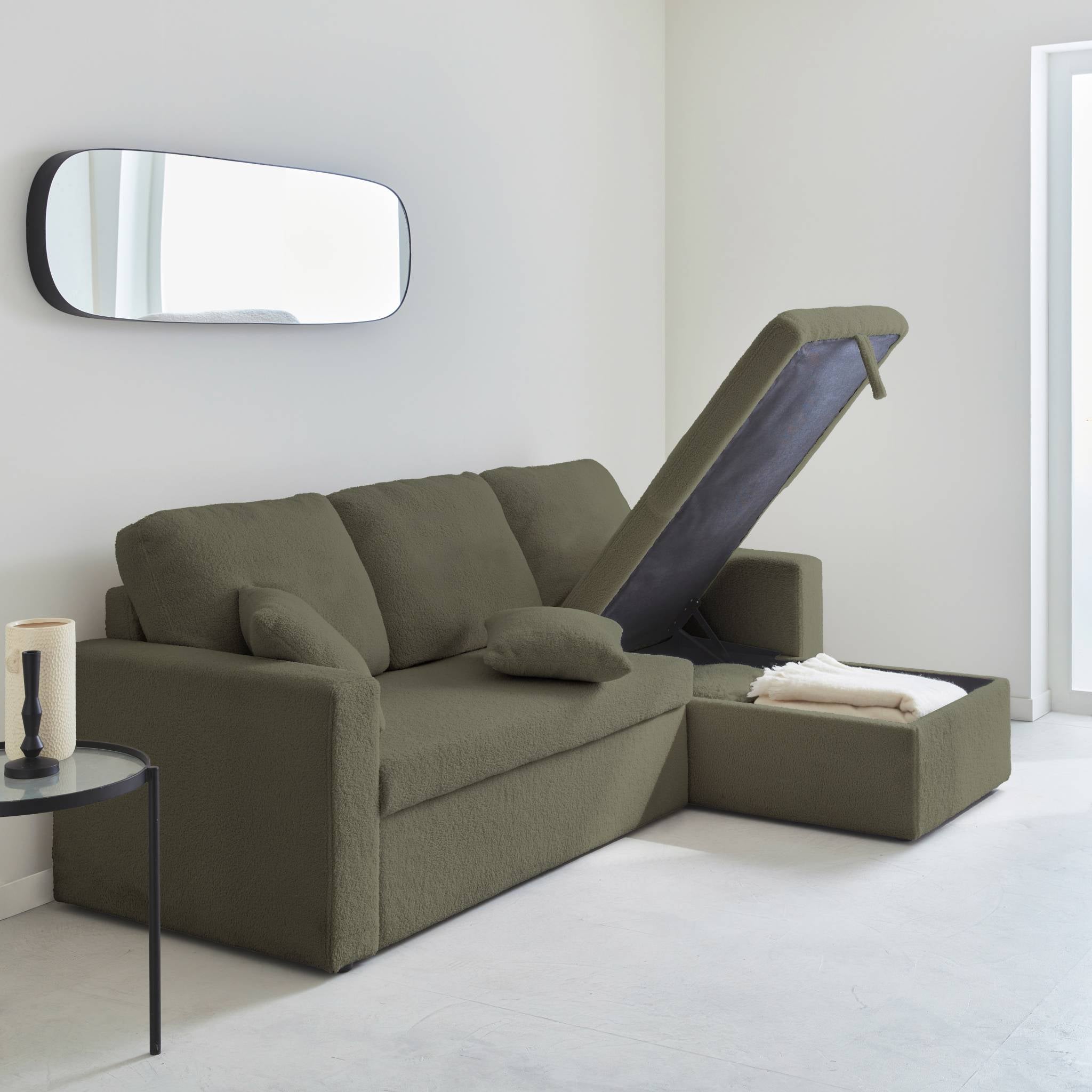 Divano letto angolare e reversibile, 3 posti in tessuto bouclé, verde