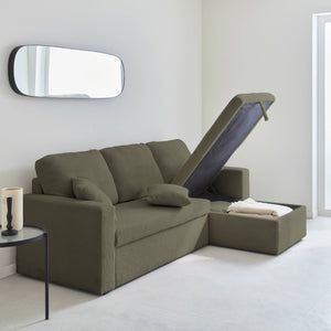 Divano letto angolare e reversibile, 3 posti in tessuto bouclé, verde