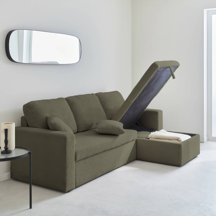 Divano letto angolare e reversibile, 3 posti in tessuto bouclé, verde