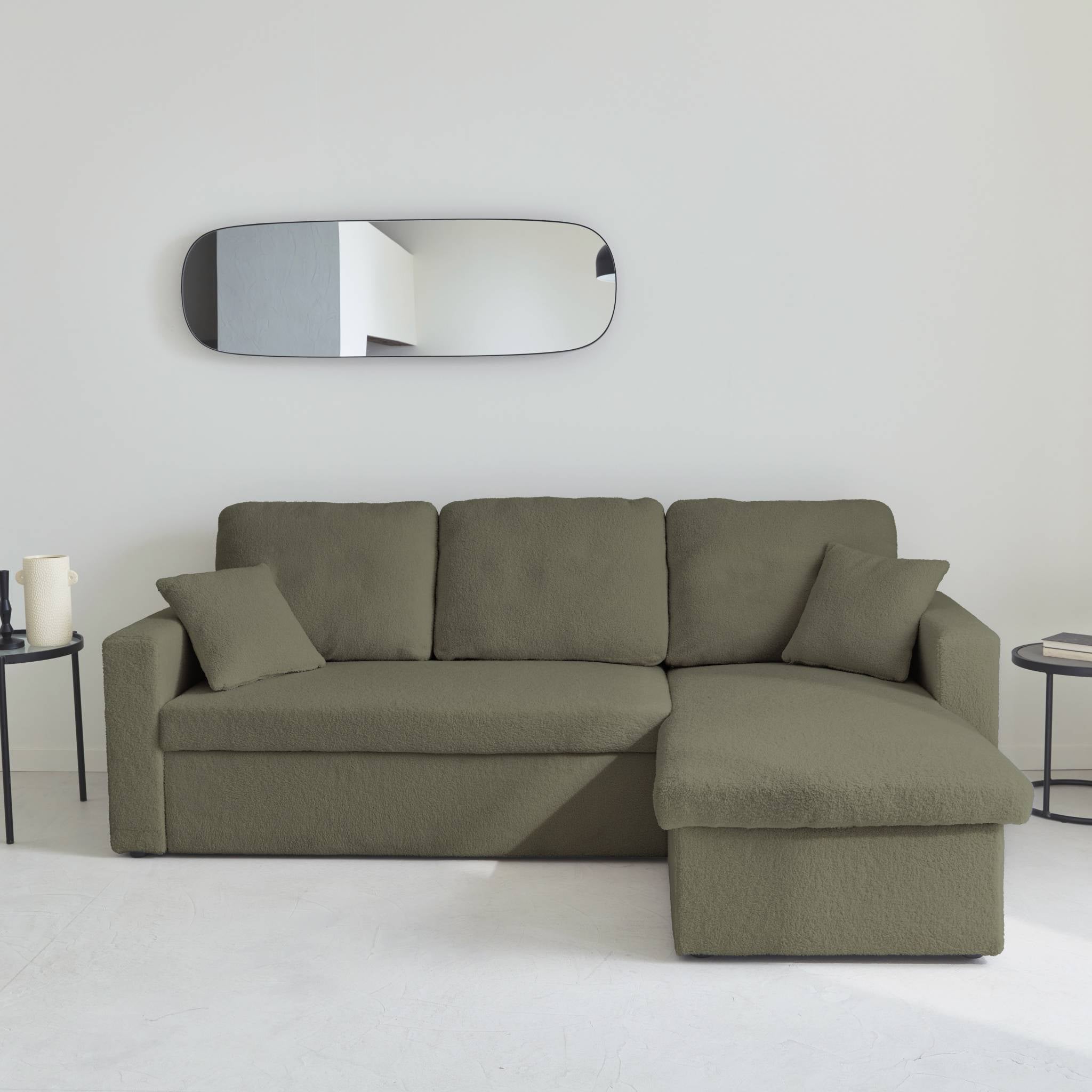 Divano letto angolare e reversibile, 3 posti in tessuto bouclé, verde