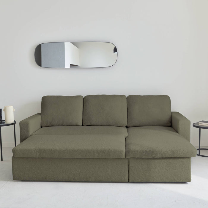 Divano letto angolare e reversibile, 3 posti in tessuto bouclé, verde