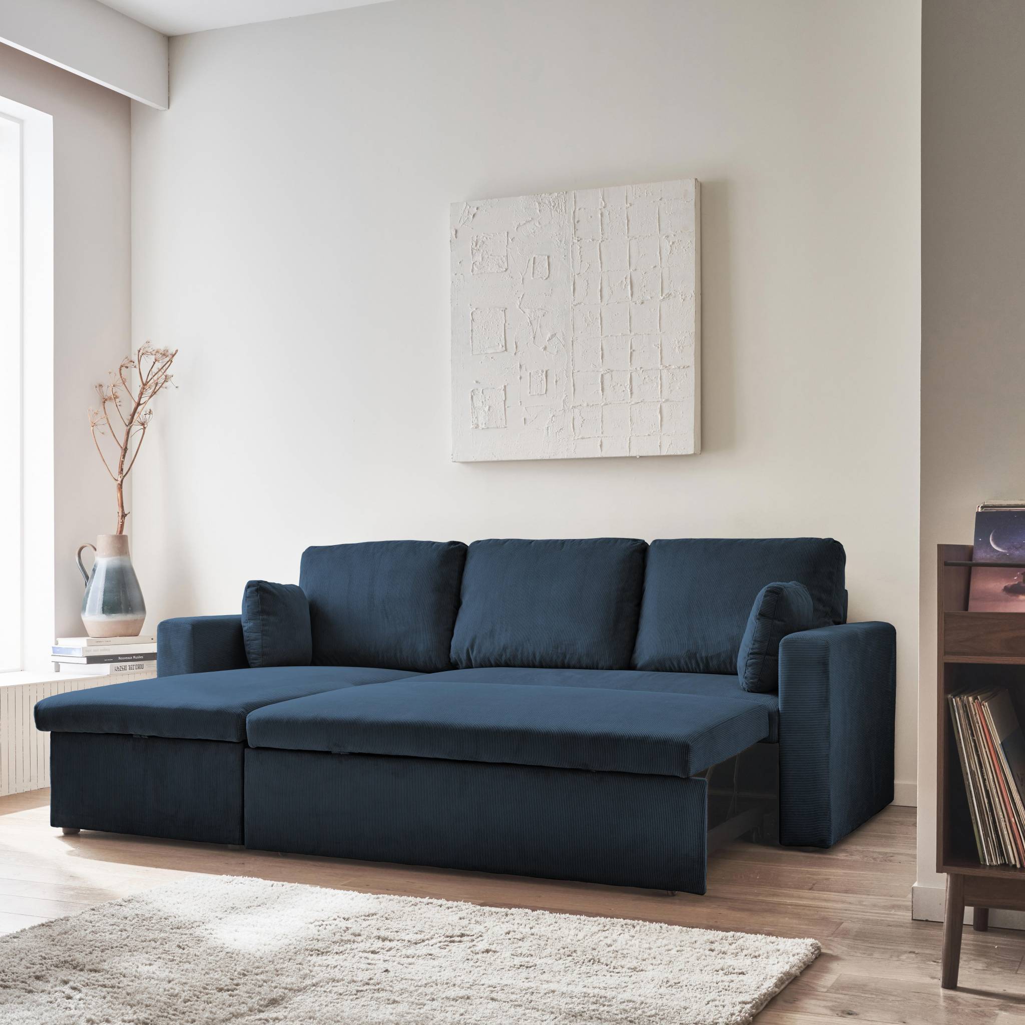 Divano letto angolare in velluto a coste a 3 posti, blu