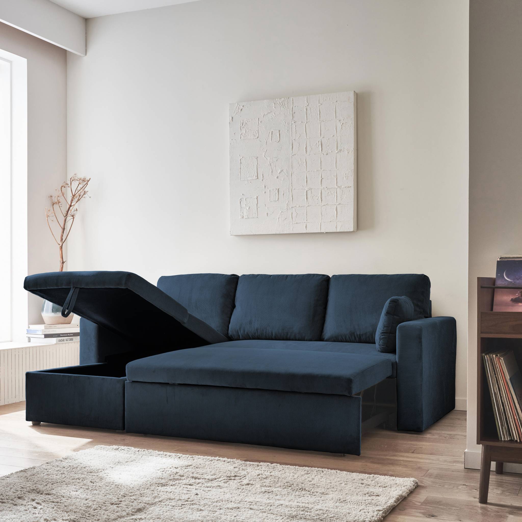 Divano letto angolare in velluto a coste a 3 posti, blu
