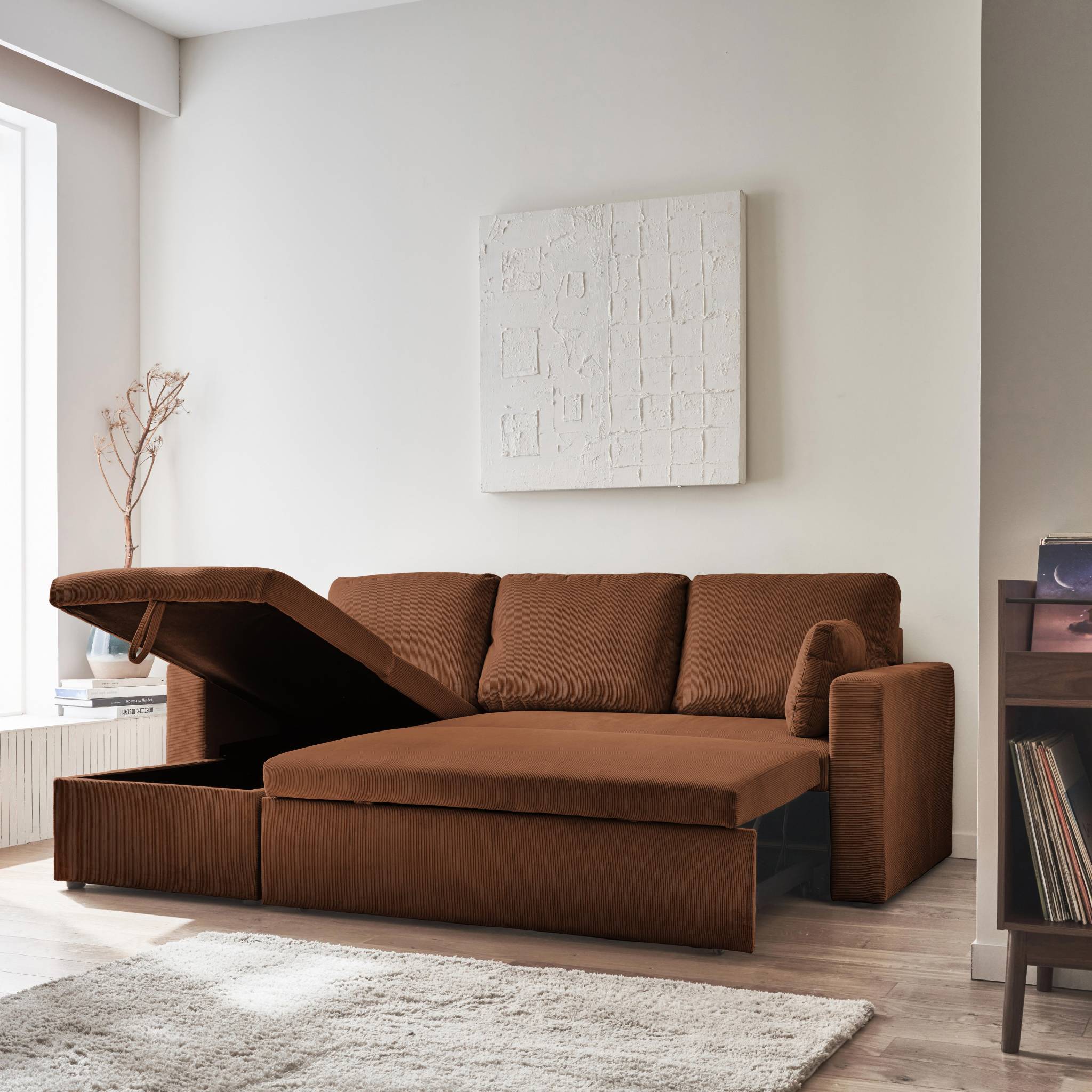 Divano letto angolare in velluto a coste a 3 posti, color ruggine