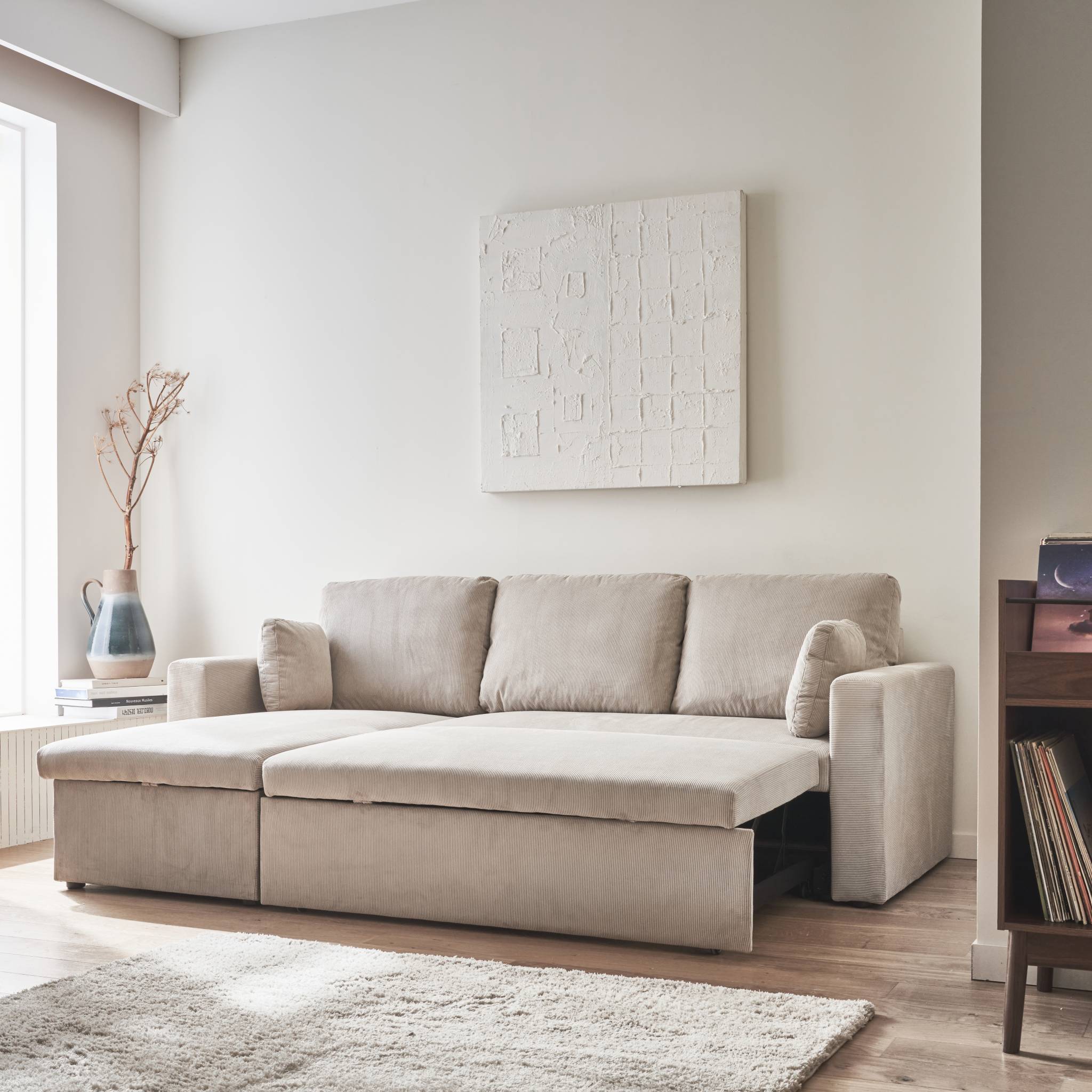 Divano letto angolare in velluto a coste a 3 posti, grigio