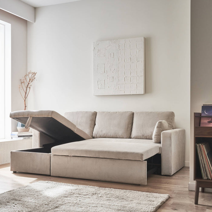 Divano letto angolare in velluto a coste a 3 posti, grigio