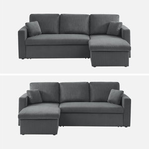 Divano letto angolare in velluto a coste a 3 posti, grigio scuro