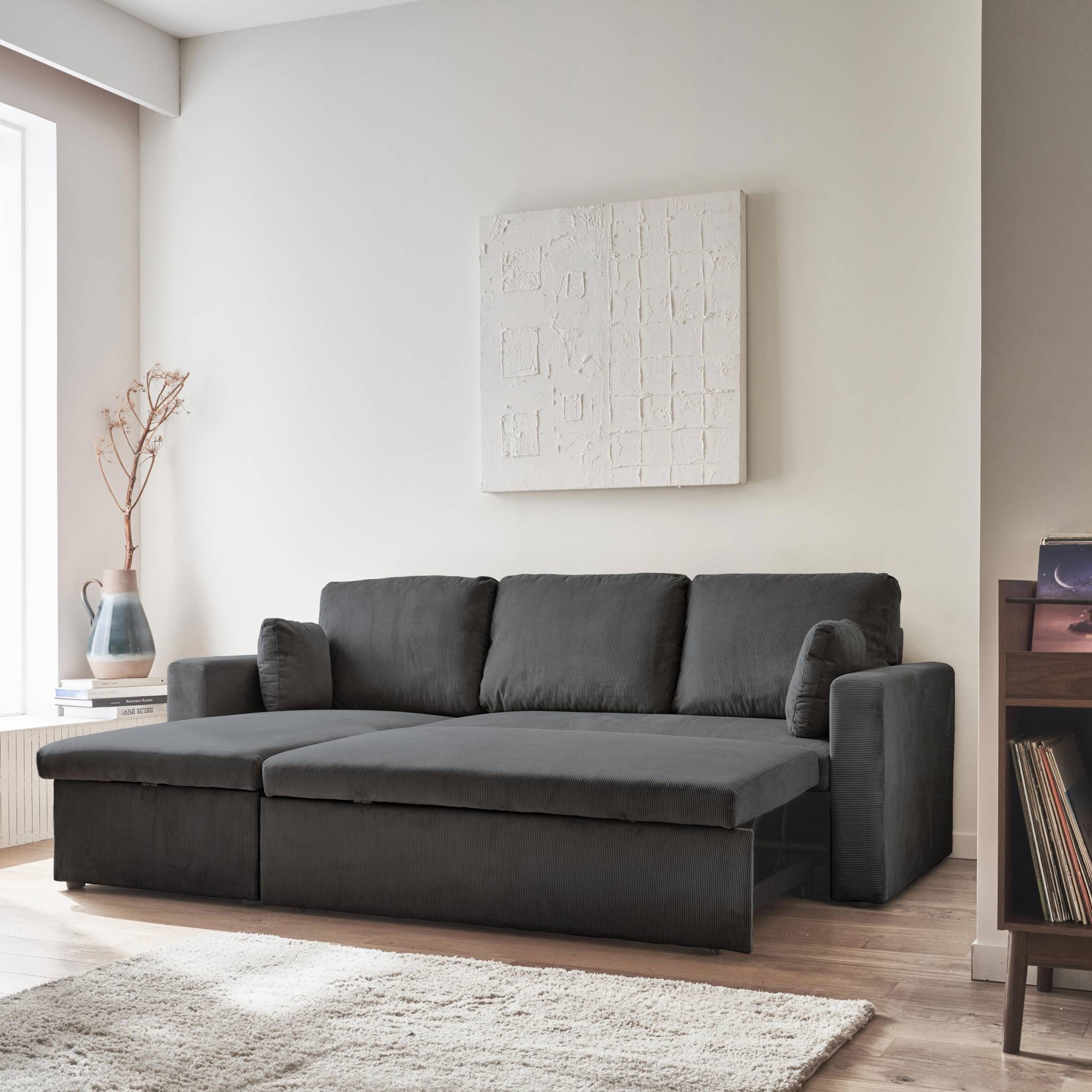 Divano letto angolare in velluto a coste a 3 posti, grigio scuro