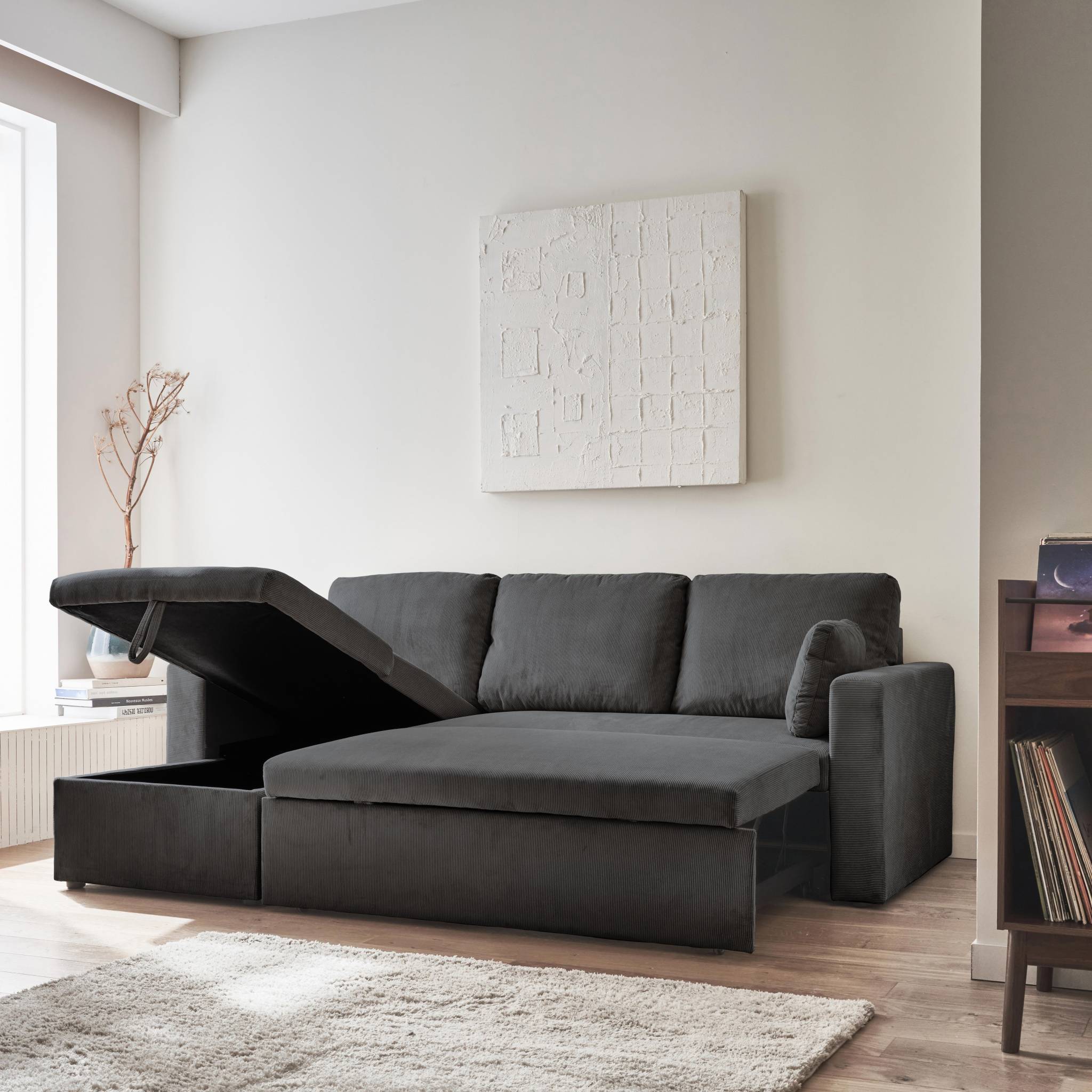 Divano letto angolare in velluto a coste a 3 posti, grigio scuro