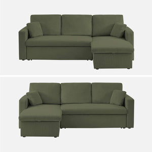 Divano letto angolare in velluto a coste a 3 posti, kaki
