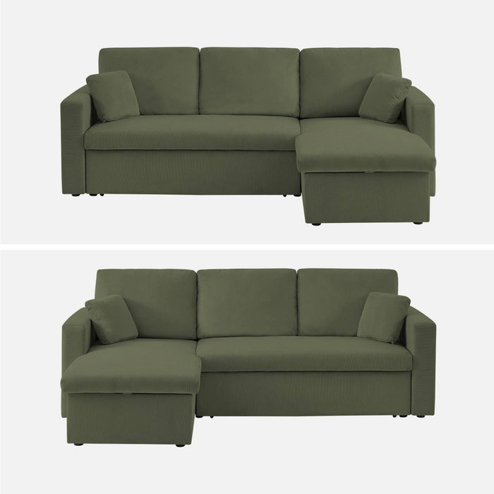 Divano letto angolare in velluto a coste a 3 posti, kaki