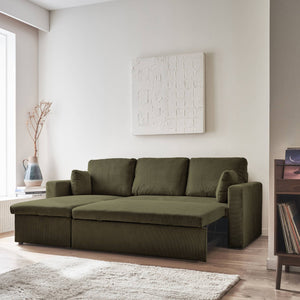 Divano letto angolare in velluto a coste a 3 posti, kaki