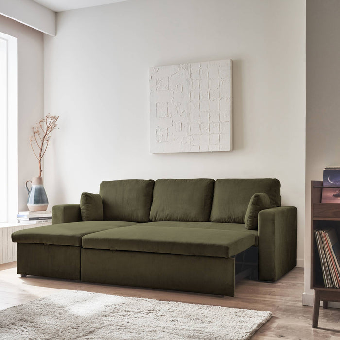 Divano letto angolare in velluto a coste a 3 posti, kaki