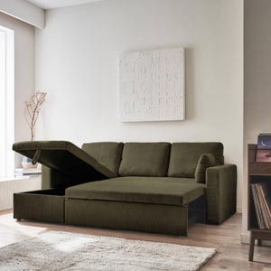 Divano letto angolare in velluto a coste a 3 posti, kaki