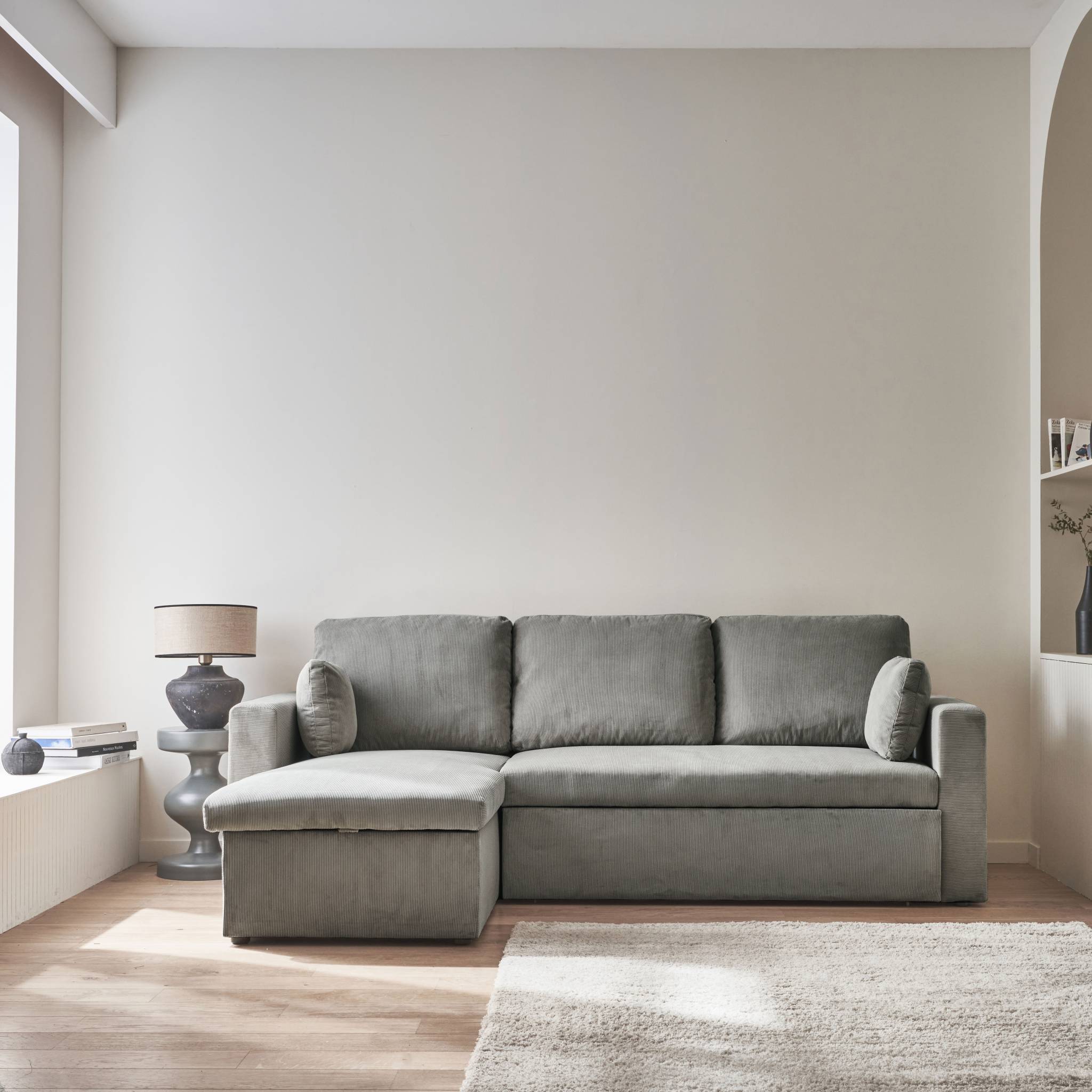 Divano letto angolare in velluto a coste a 3 posti, grigio chiaro