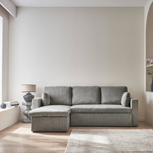 Divano letto angolare in velluto a coste a 3 posti, grigio chiaro