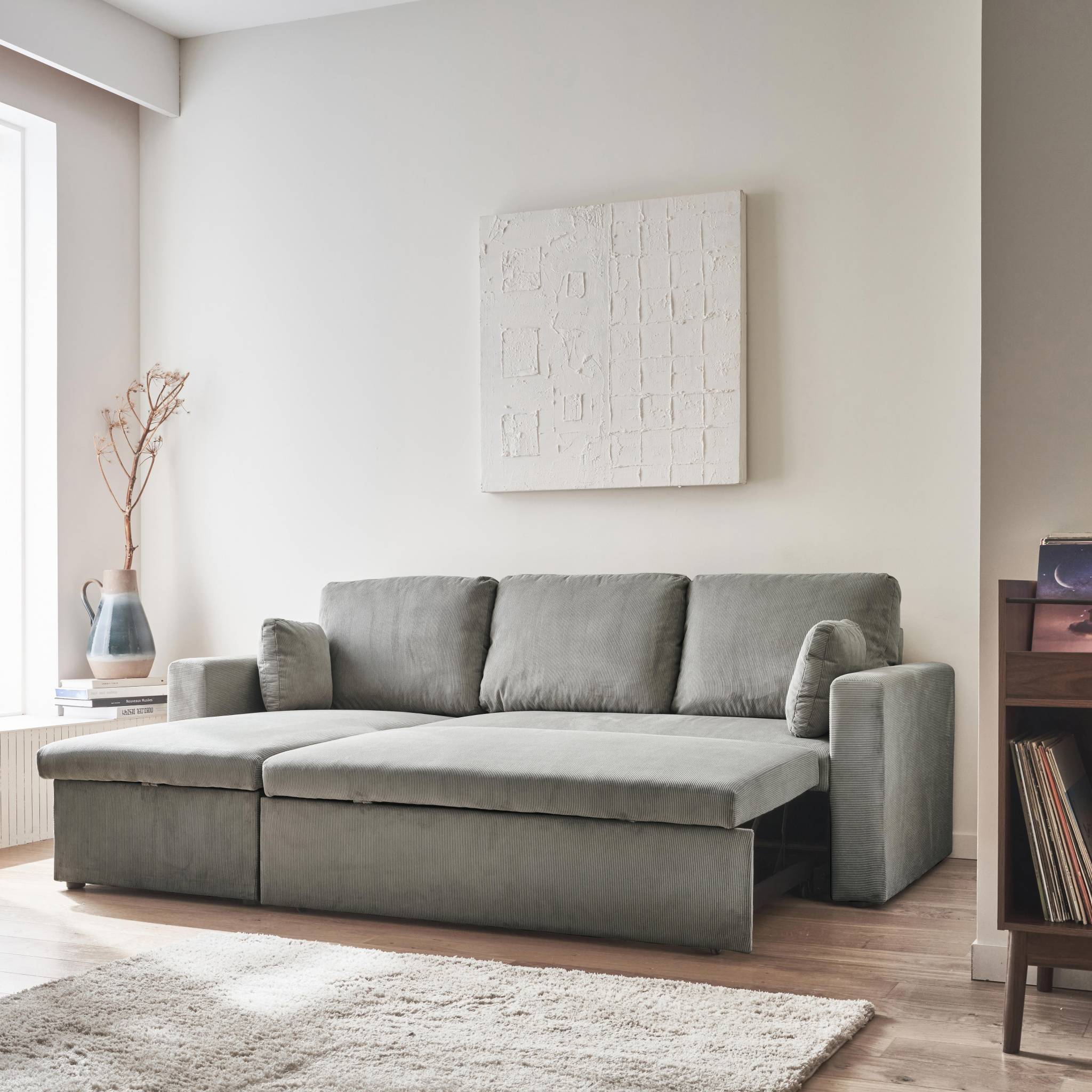 Divano letto angolare in velluto a coste a 3 posti, grigio chiaro