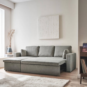 Divano letto angolare in velluto a coste a 3 posti, grigio chiaro