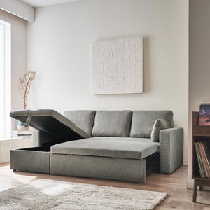 Divano letto angolare in velluto a coste a 3 posti, grigio chiaro
