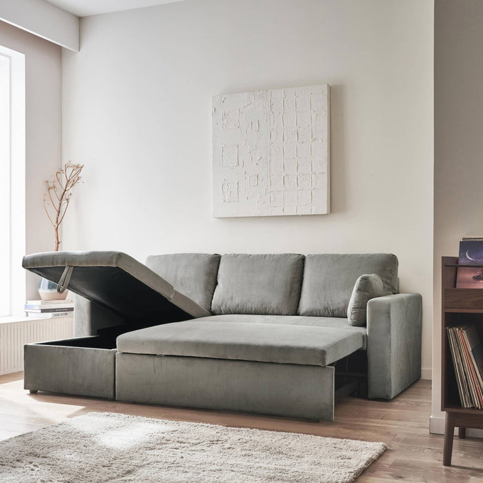 Divano letto angolare in velluto a coste a 3 posti, grigio chiaro
