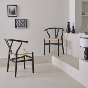 Sedia in legno con seduta in corda, set di 2, nero