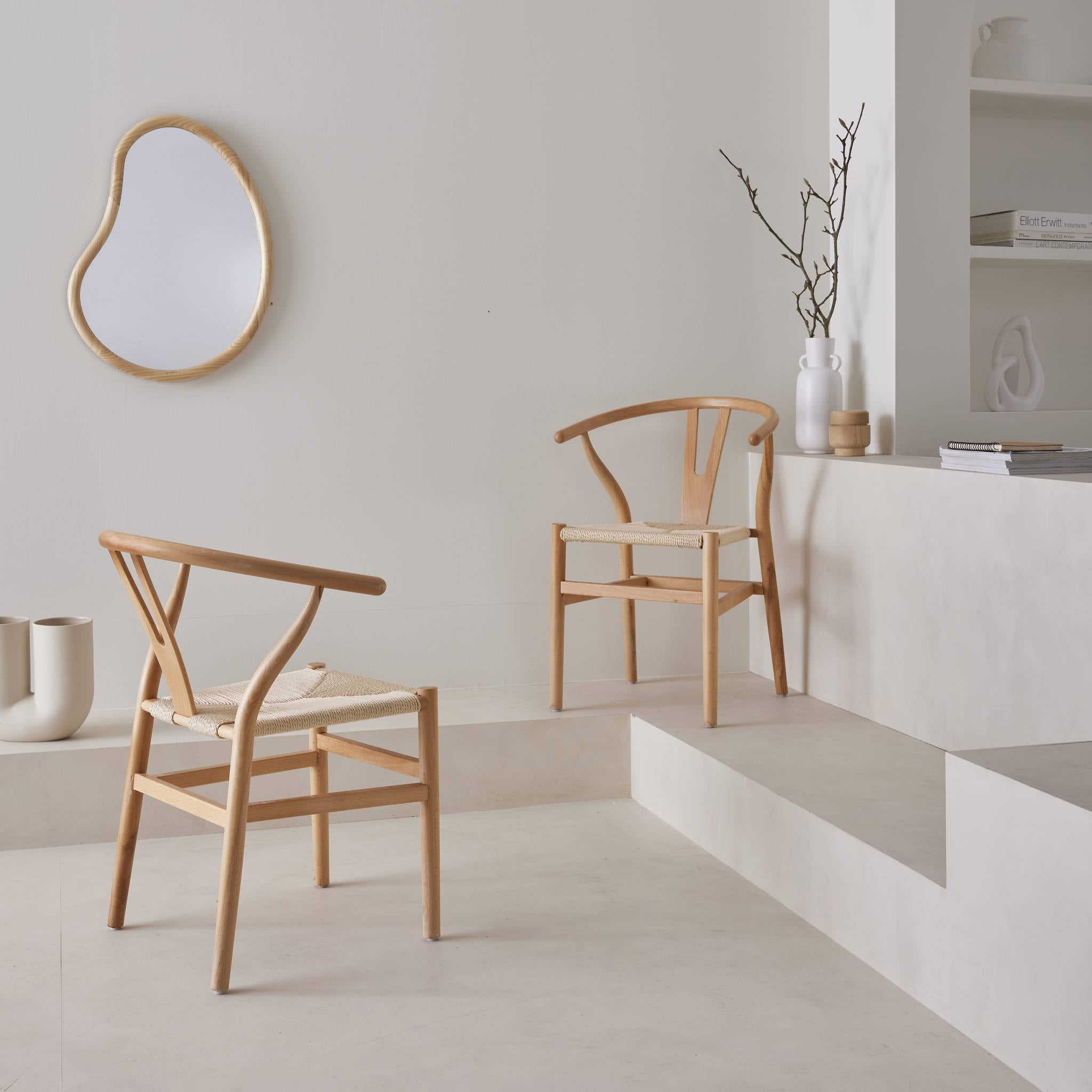 Sedia in legno con seduta in corda, set di 2, marrone naturale