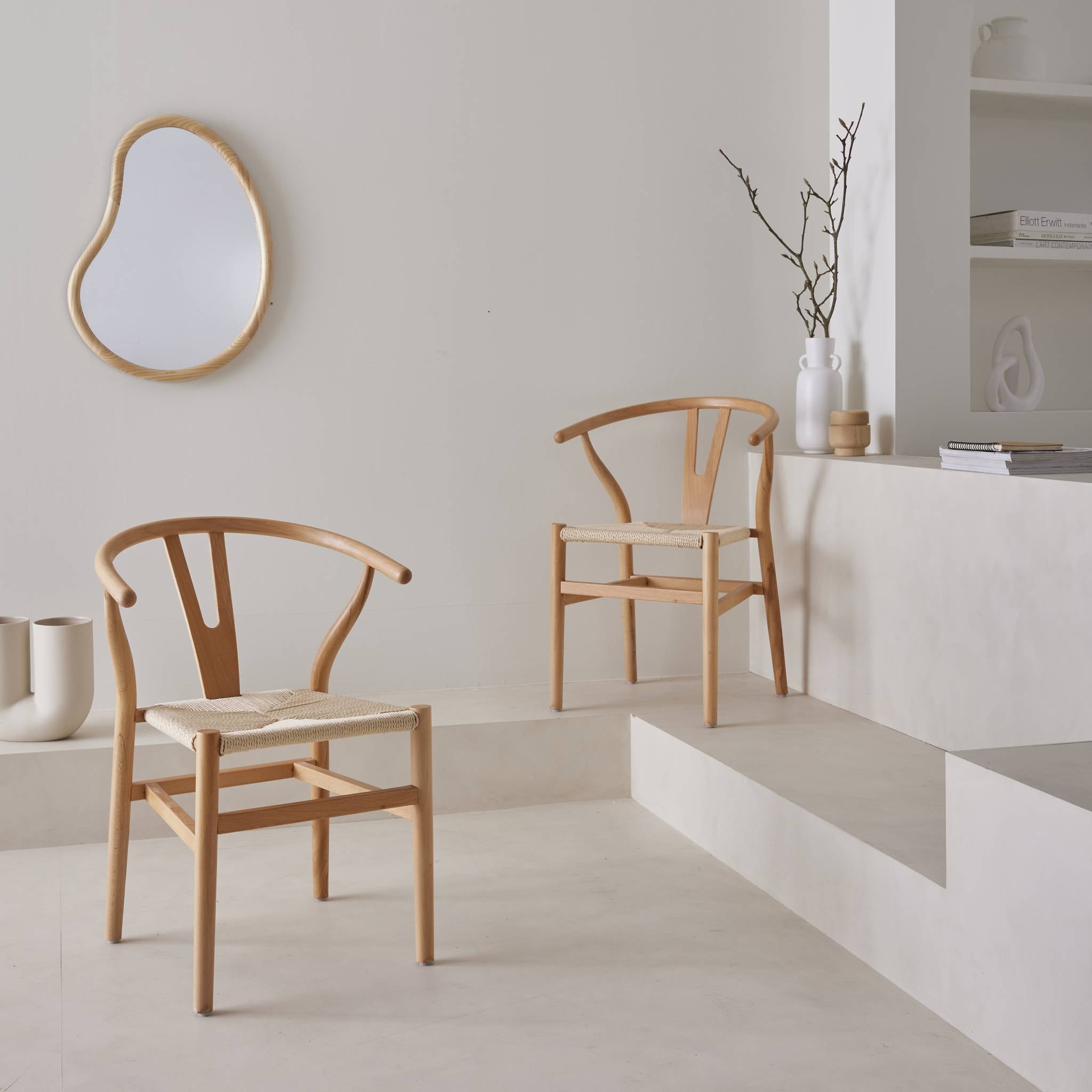 Sedia in legno con seduta in corda, set di 2, marrone naturale