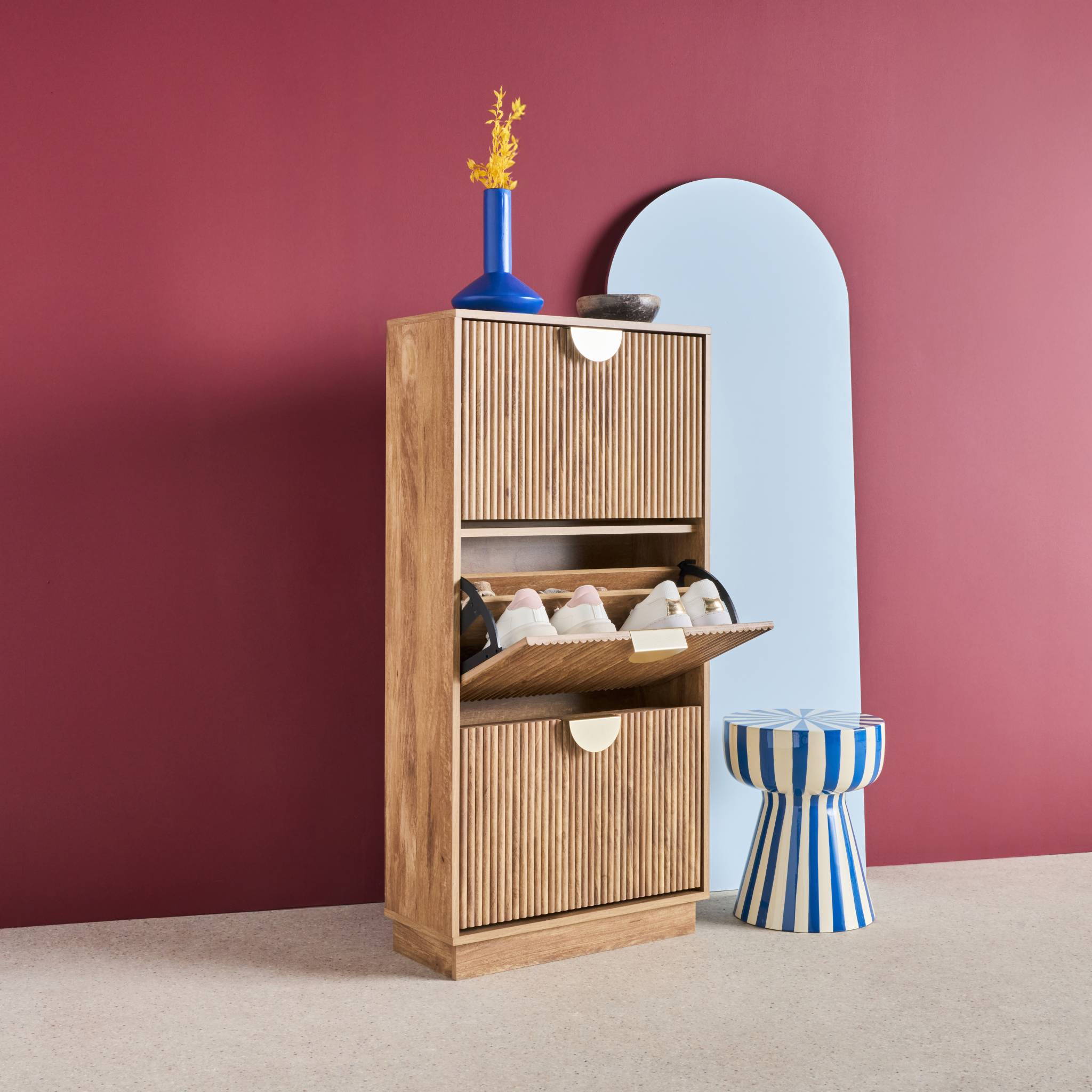 Scarpiera effetto legno di mango scanalato 3 cassetti