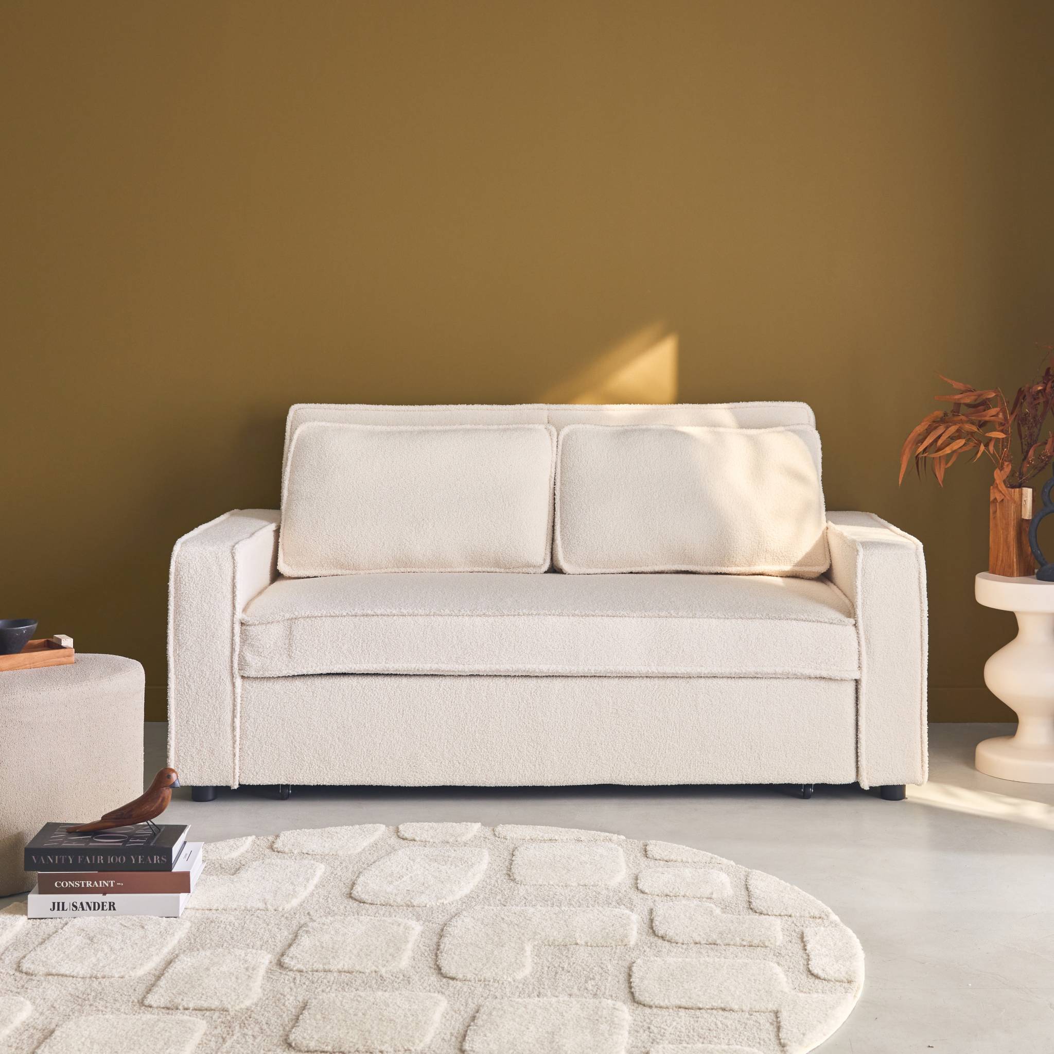 Divano letto bouclé a 3 posti, crema