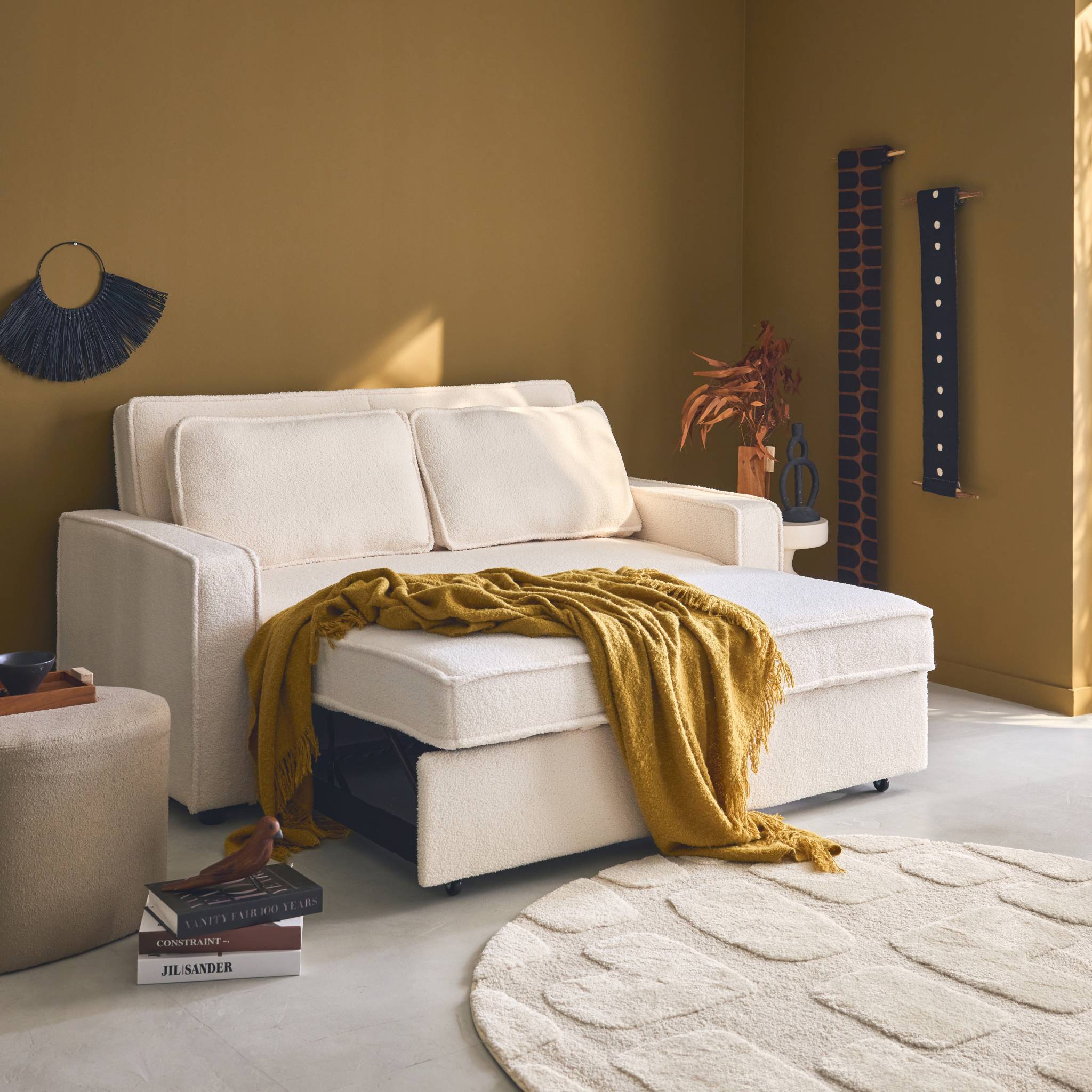 Divano letto bouclé a 3 posti, crema