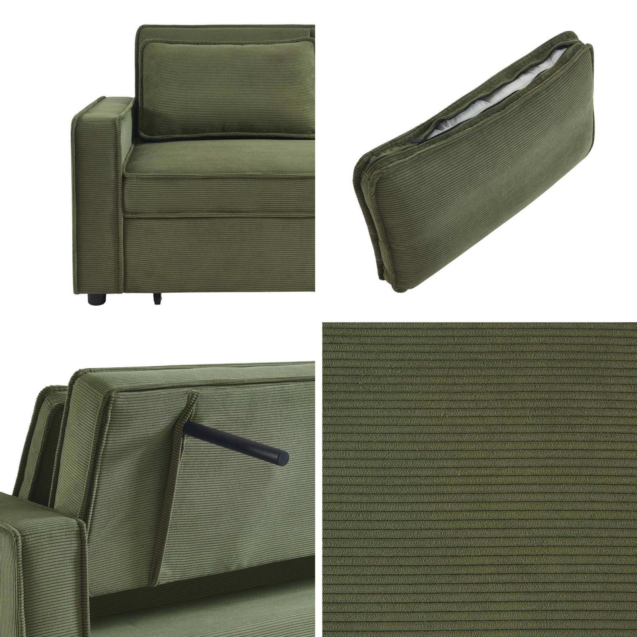 Divano letto a 3 posti in velluto a coste, kaki