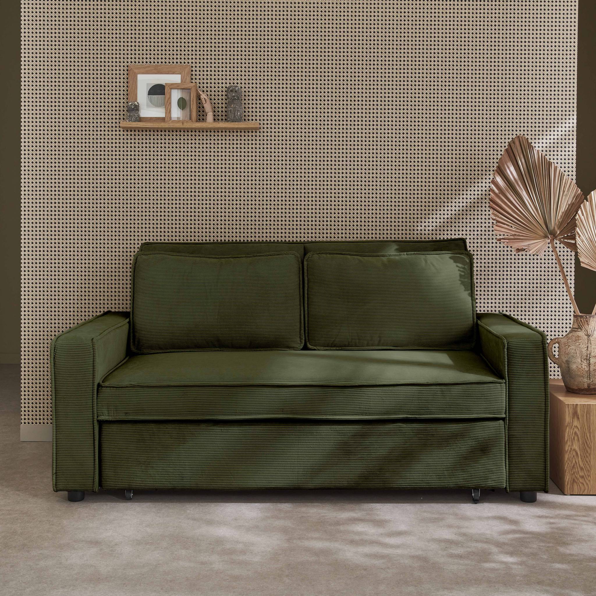 Divano letto a 3 posti in velluto a coste, kaki