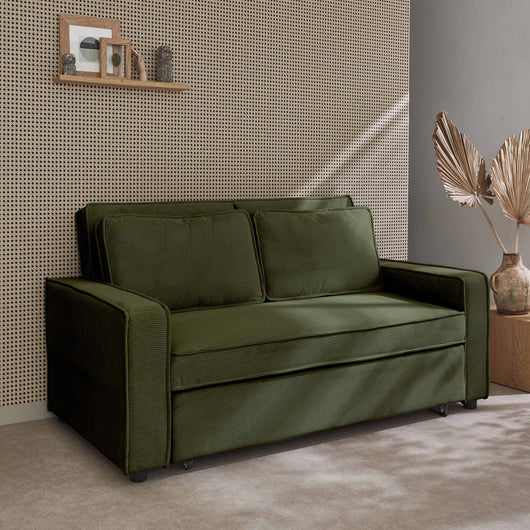 Divano letto a 3 posti in velluto a coste, kaki