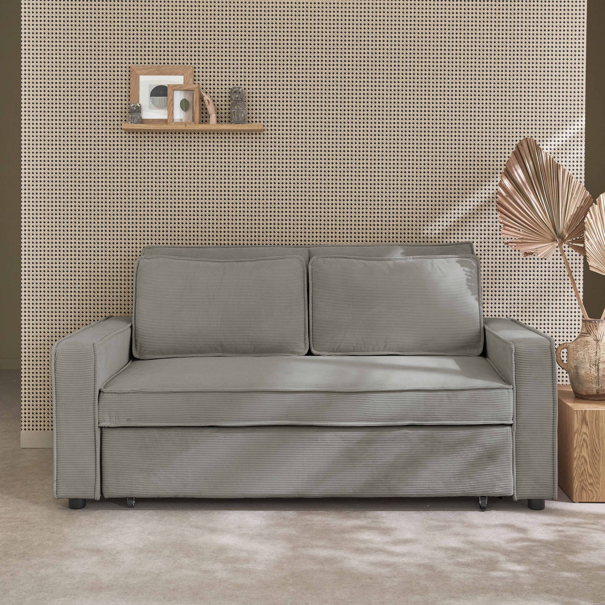 Divano letto a 3 posti in velluto a coste, grigio chiaro