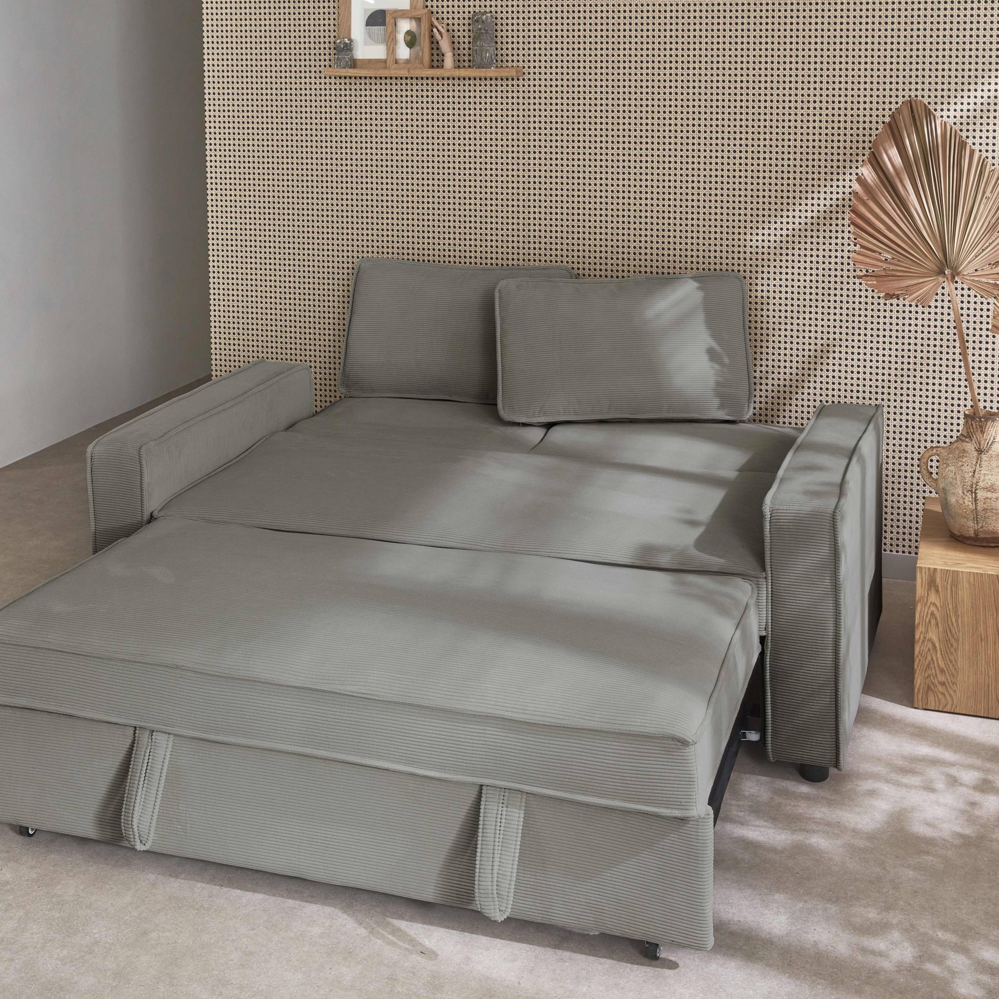 Divano letto a 3 posti in velluto a coste, grigio chiaro
