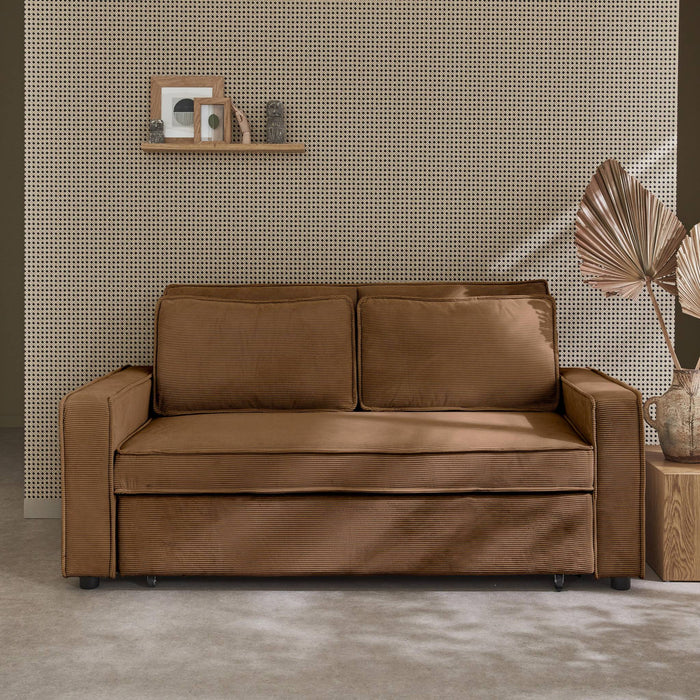 Divano letto a 3 posti in velluto a coste, marrone