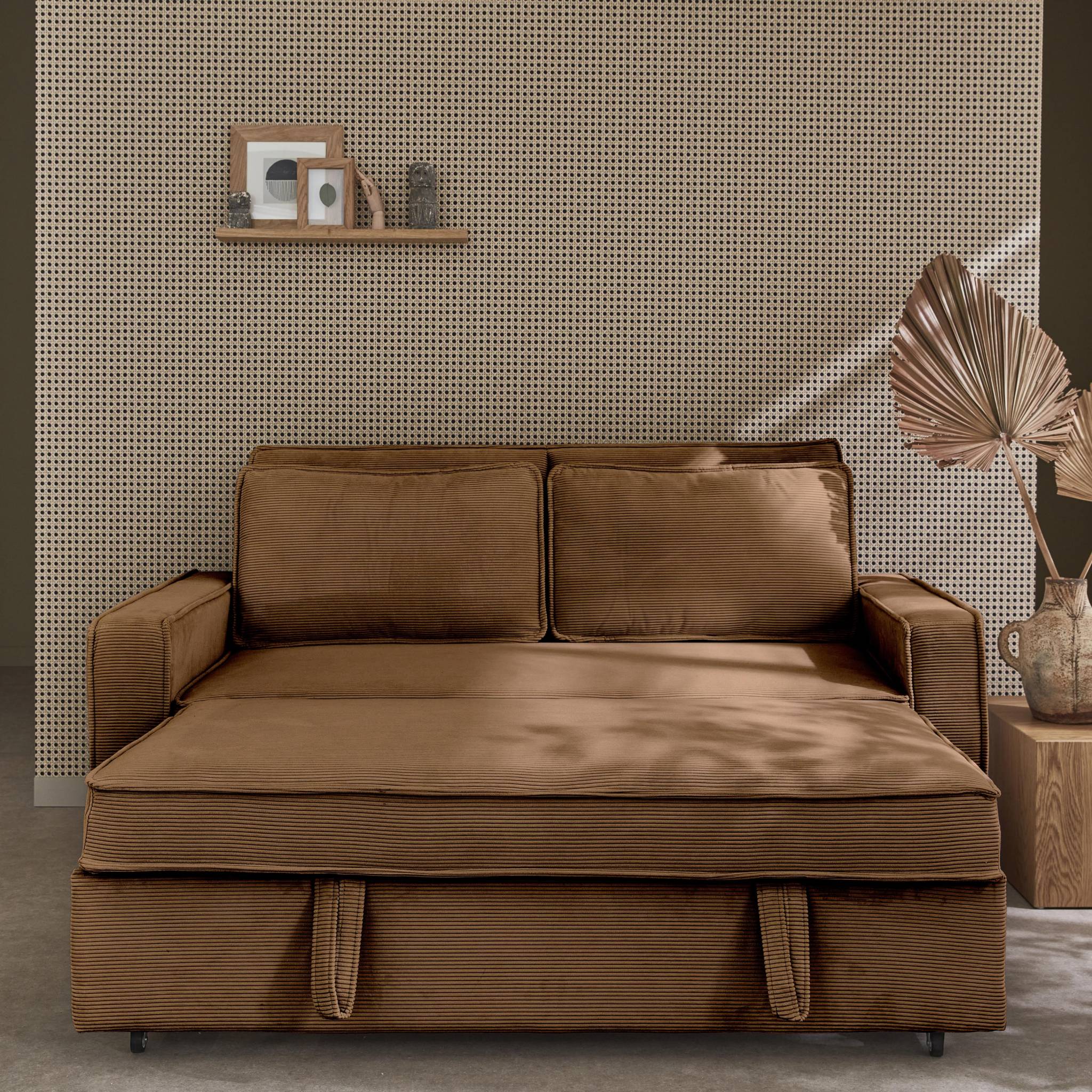 Divano letto a 3 posti in velluto a coste, marrone