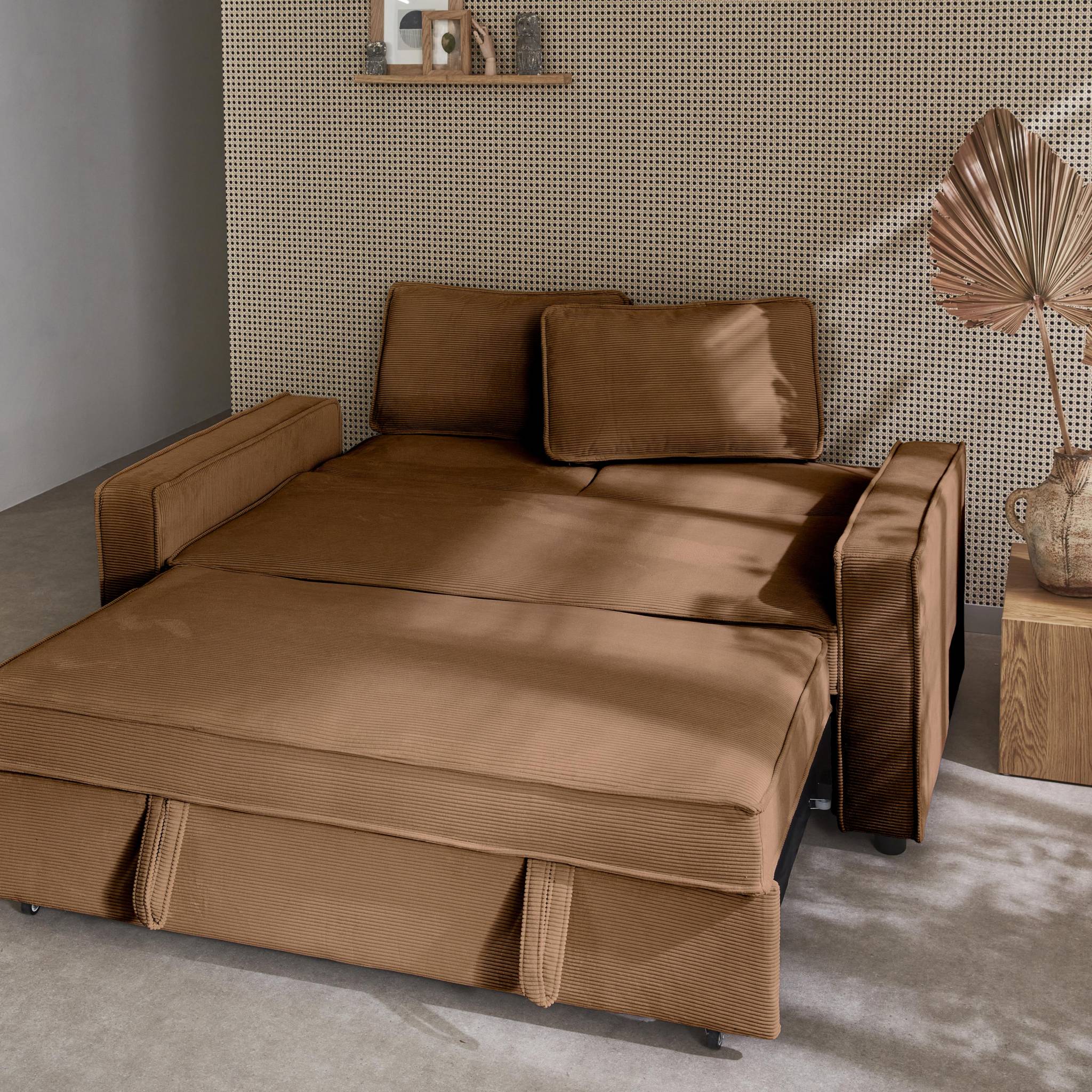 Divano letto a 3 posti in velluto a coste, marrone