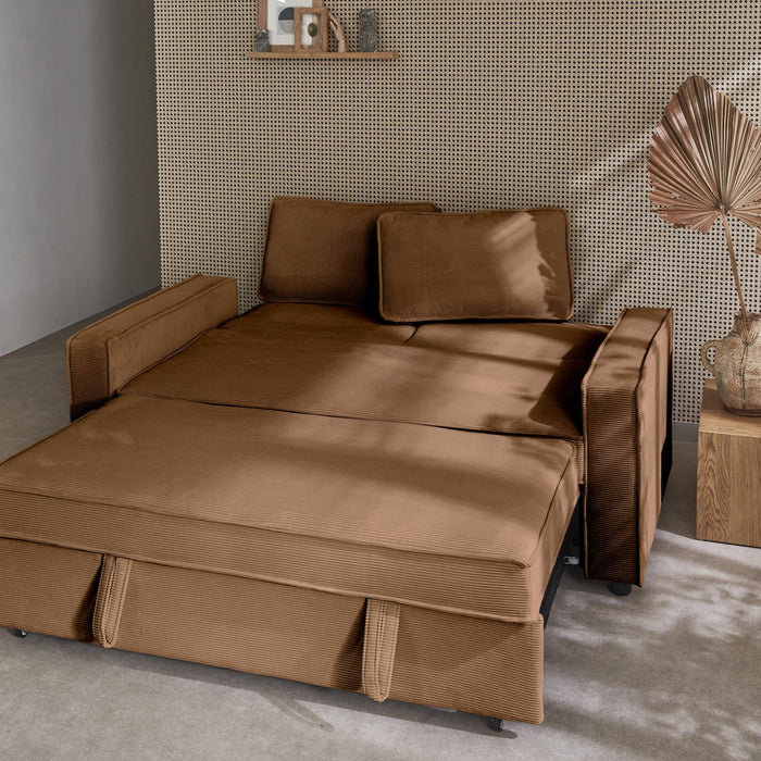 Divano letto a 3 posti in velluto a coste, marrone