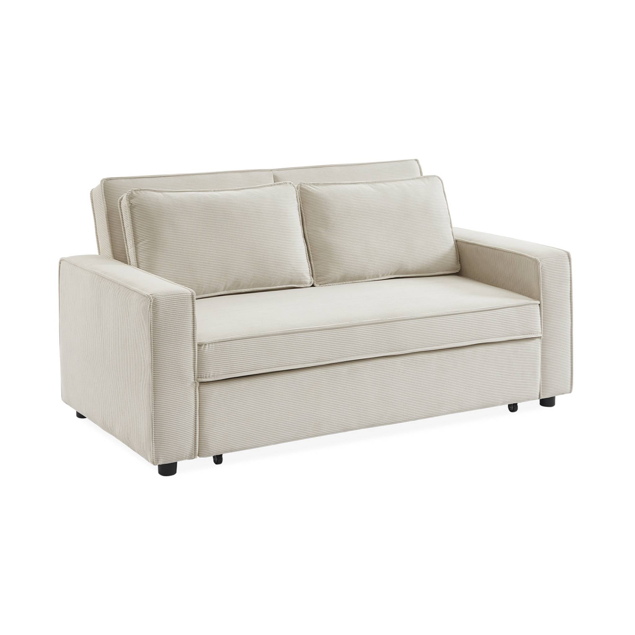 Divano letto a 3 posti in velluto a coste, crema