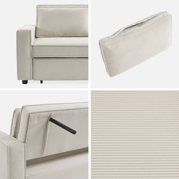 Divano letto a 3 posti in velluto a coste, crema