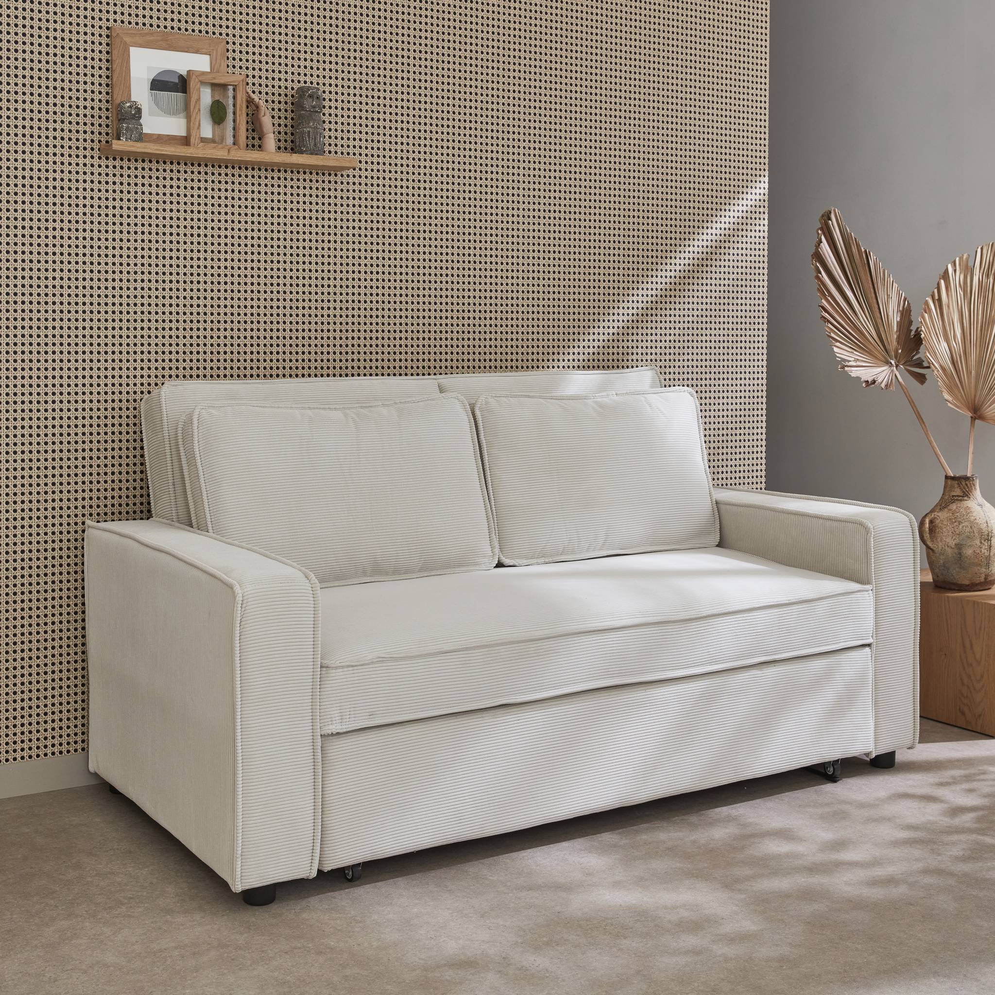 Divano letto a 3 posti in velluto a coste, crema