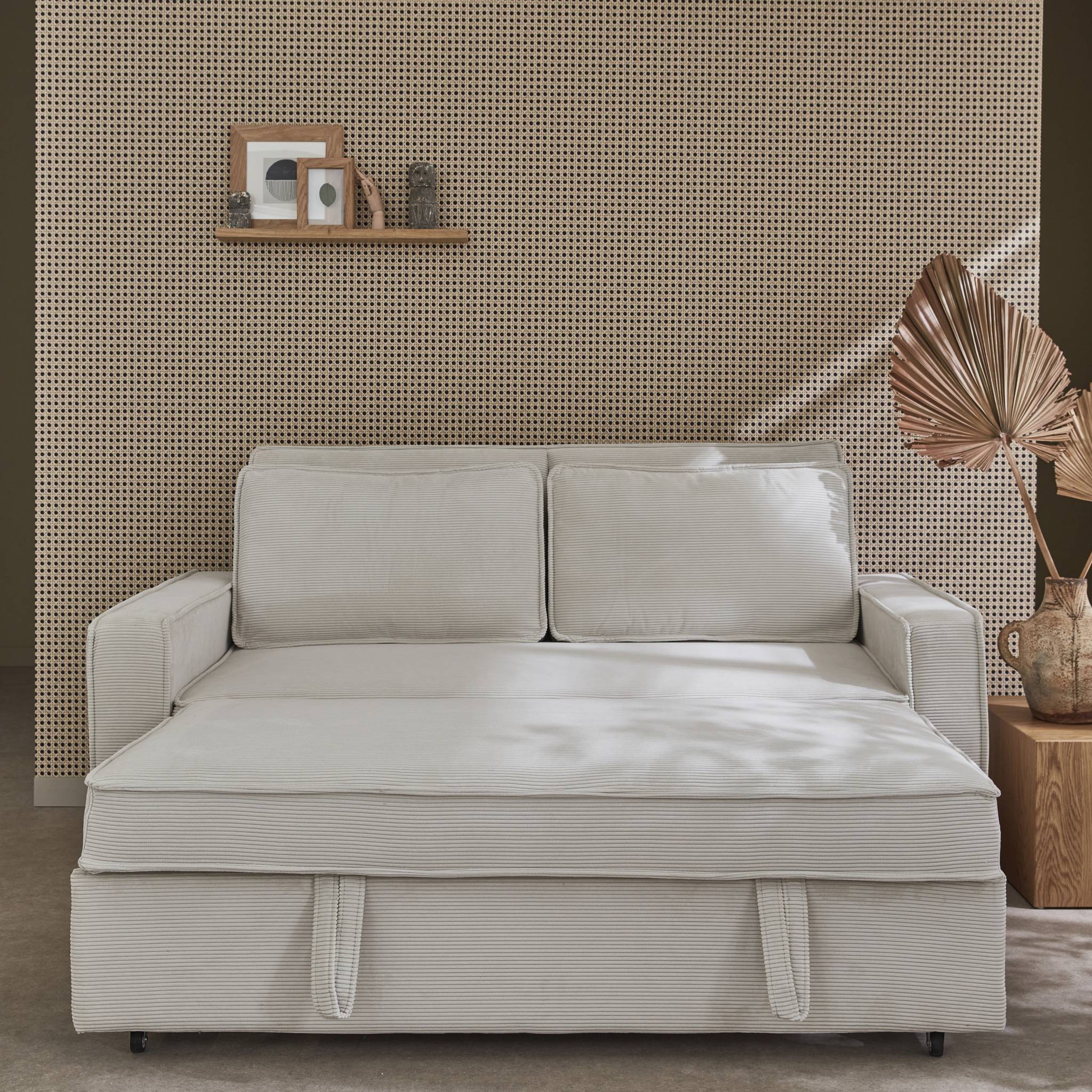 Divano letto a 3 posti in velluto a coste, crema