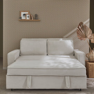 Divano letto a 3 posti in velluto a coste, crema